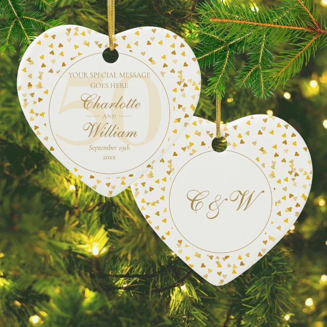 50th Wedding Anniversary Gold Hearts Monogram Ceramic Tree Decoration (50th Wedding Anniversary Gold Hearts Monogram Ceramic Ornament)
