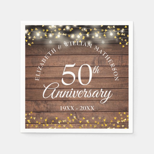 50th Wedding Anniversary Gold Hearts Rustic Napkin (Front)