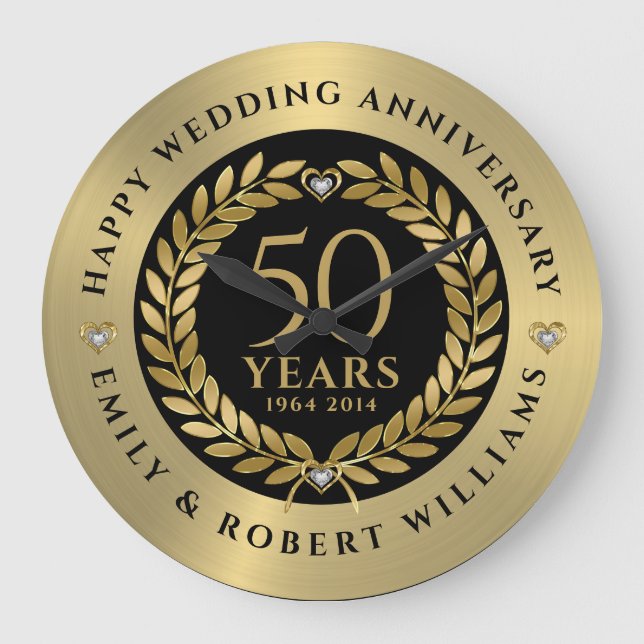 50th wedding anniversary Gold laurel wreath Large Clock (Front)
