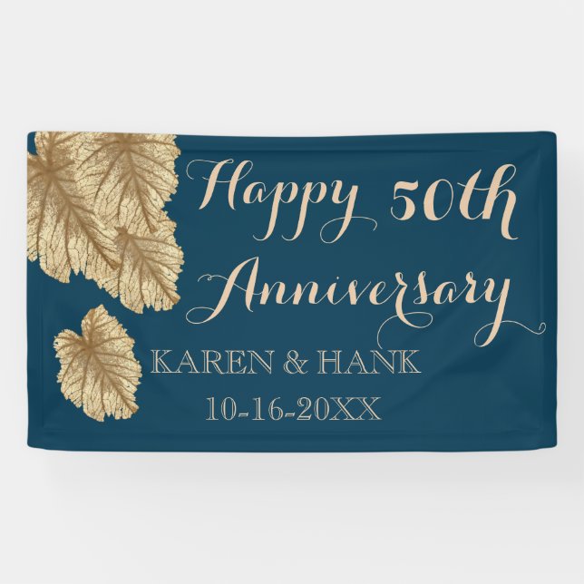 50th Wedding Anniversary Gold Leaf Elegant Blue Banner (Horizontal)