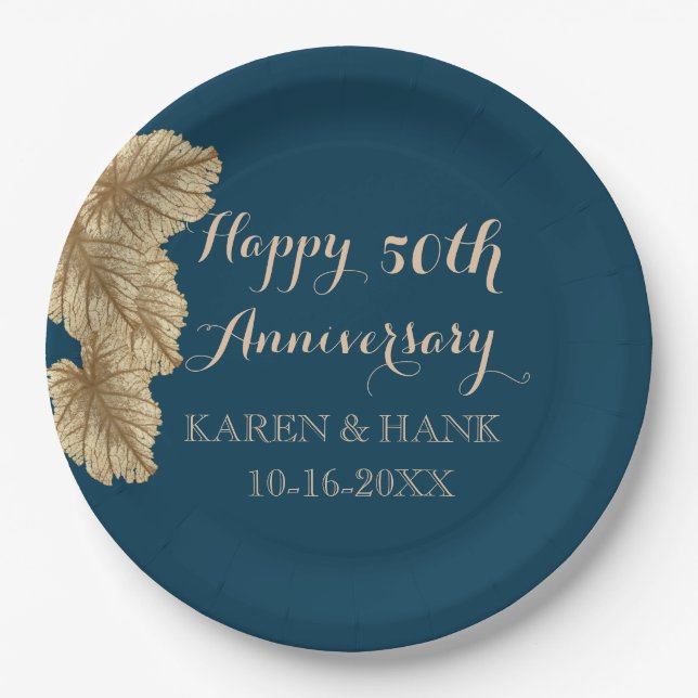 50th Wedding Anniversary Gold Leaf Navy Blue Paper Plate (Front)