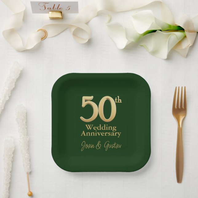 50th Wedding Anniversary | Gold Lettering | Green Paper Plate (Wedding)
