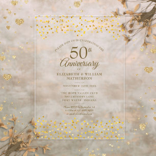 50th Wedding Anniversary Gold Love Hearts Confetti Acrylic Invitations