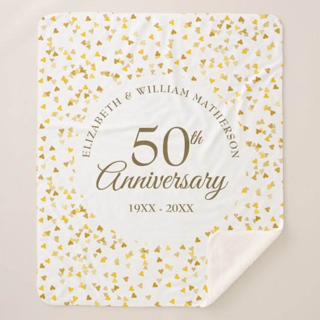 50th Wedding Anniversary Gold Love Hearts Confetti Sherpa Blanket (Front)