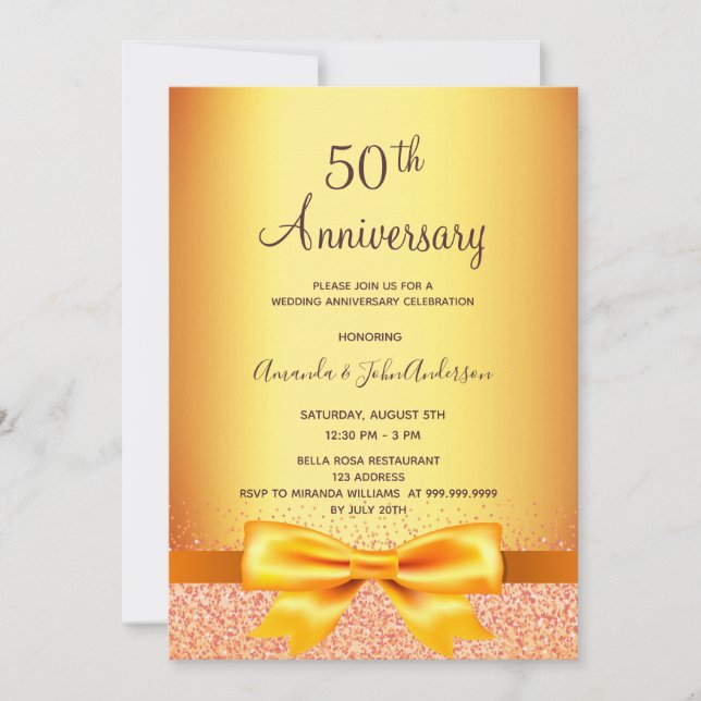 50th wedding anniversary gold metallic bow invitation (Front)