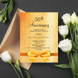 50th wedding anniversary gold metallic invitation postcard<br><div class="desc">A golden invitation card for a 50th gold wedding anniversary. Glamourous with elegant rustic faux gold metallic looking background and a golden bow as decoration. Template for names and party details. The text: 50th Anniversary and the names are written with modern handlettered style script. Back: rustic faux gold metallic looking...</div>