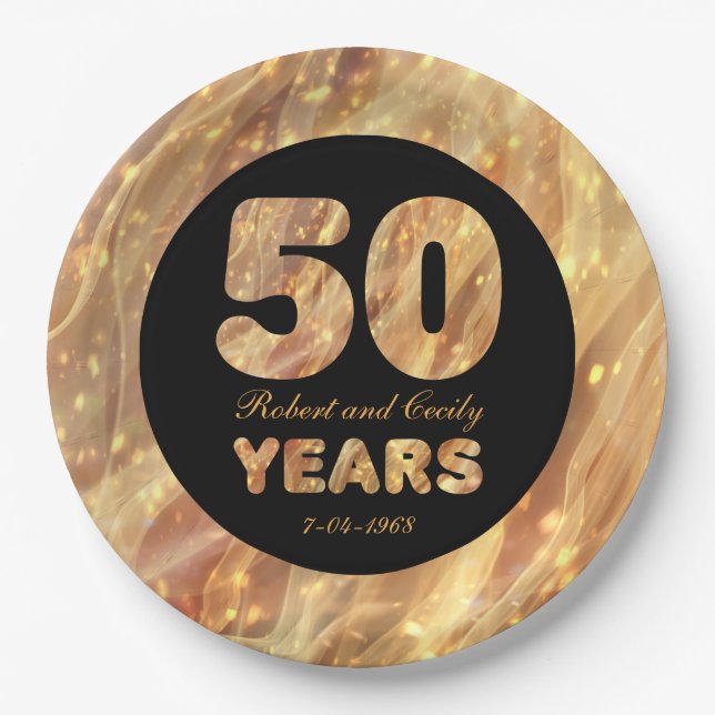 50th Wedding Anniversary Gold Party Lights Paper Plate (Front)