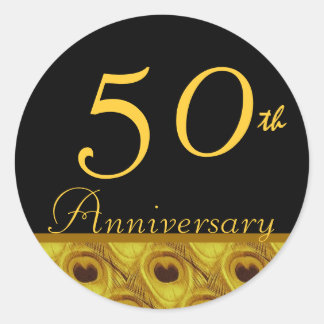 50th Wedding Anniversary Gold Peacock Feathers Classic Round Sticker