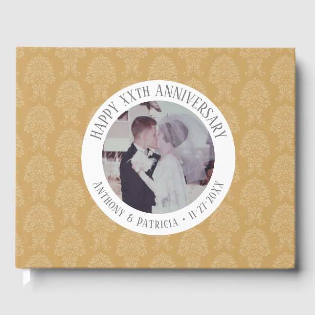 50th Wedding Anniversary Gold Photo Damask Pattern Guest Book (Front)