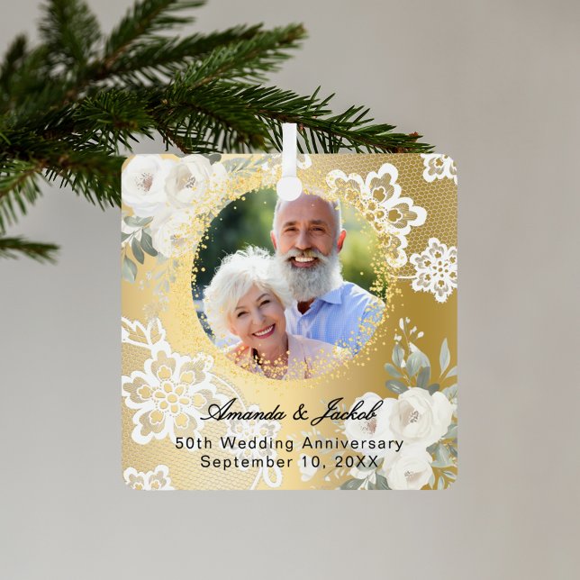 50th Wedding Anniversary gold photo florals  Glass Tree Decoration (Creator Uploaded)