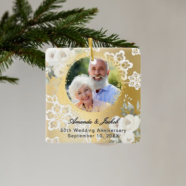 50th Wedding Anniversary gold photo florals  Metal Tree Decoration (Creator Uploaded)