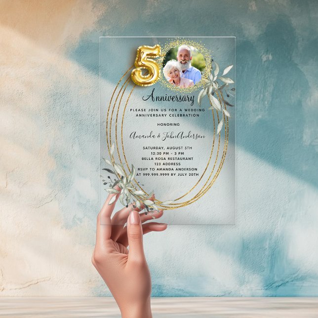 50th wedding anniversary gold photo greenery acrylic invitations (Creator Uploaded)