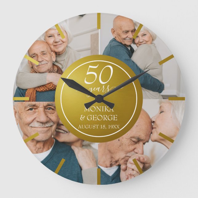 50th Wedding Anniversary Gold Photo Large Clock (Front)
