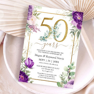 50th Wedding Anniversary Gold Purple Peony Invitation