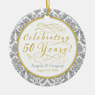 50th Wedding Anniversary Gold Silver Damask Hearts Ceramic Tree Decoration