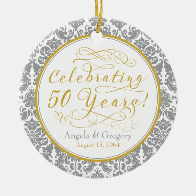 50th Wedding Anniversary Gold Silver Damask Hearts Ceramic Tree Decoration (Front)