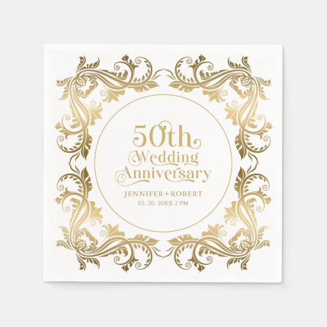 50th Wedding Anniversary Gold Typography Frame 3 Napkin (Front)