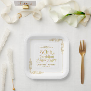 50th Wedding Anniversary Gold Typography Paper Plate
