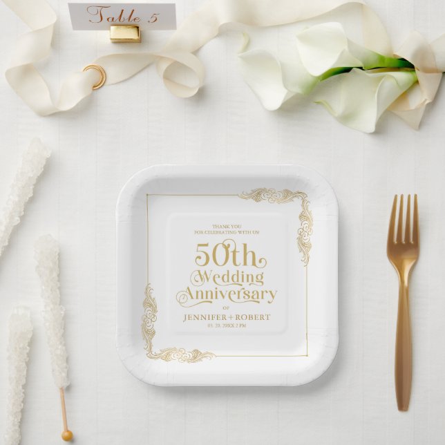 50th Wedding Anniversary Gold Typography Paper Plate (Wedding)