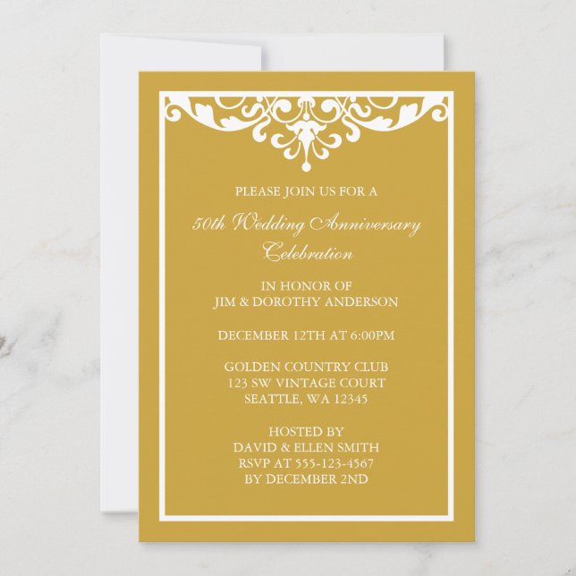 50th Wedding Anniversary Gold Vintage Flourish Invitation (Front)