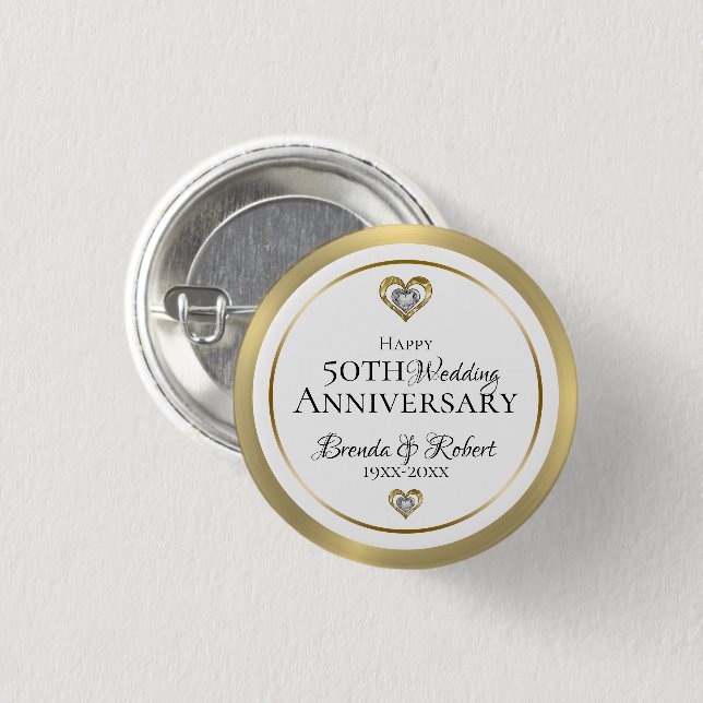 50th Wedding Anniversary Gold & White 3 Cm Round Badge (Front & Back)