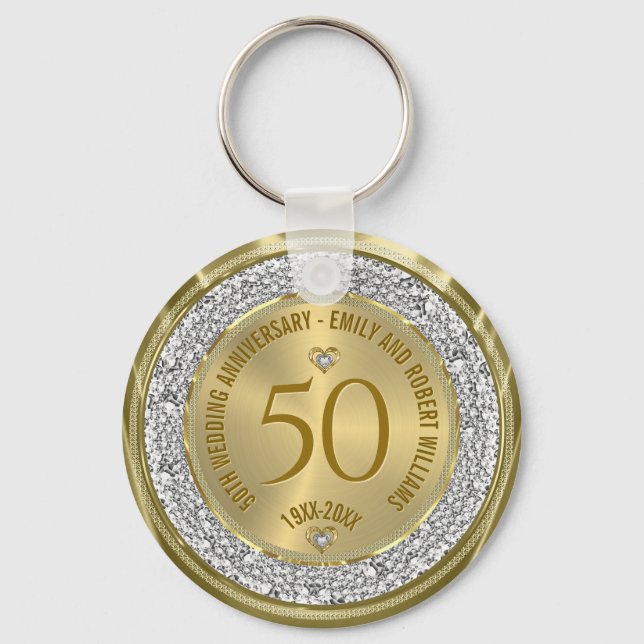 50th Wedding Anniversary Gold White Diamonds Key Ring (Front)