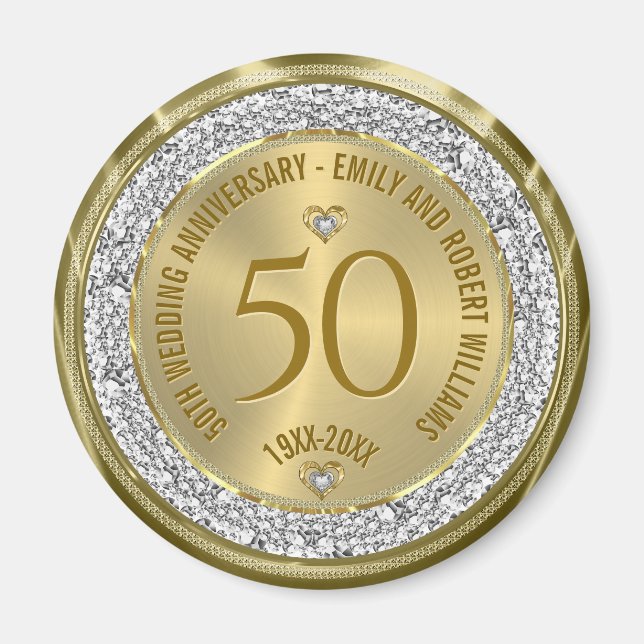 50th Wedding Anniversary Gold White Diamonds Magnet (Front)