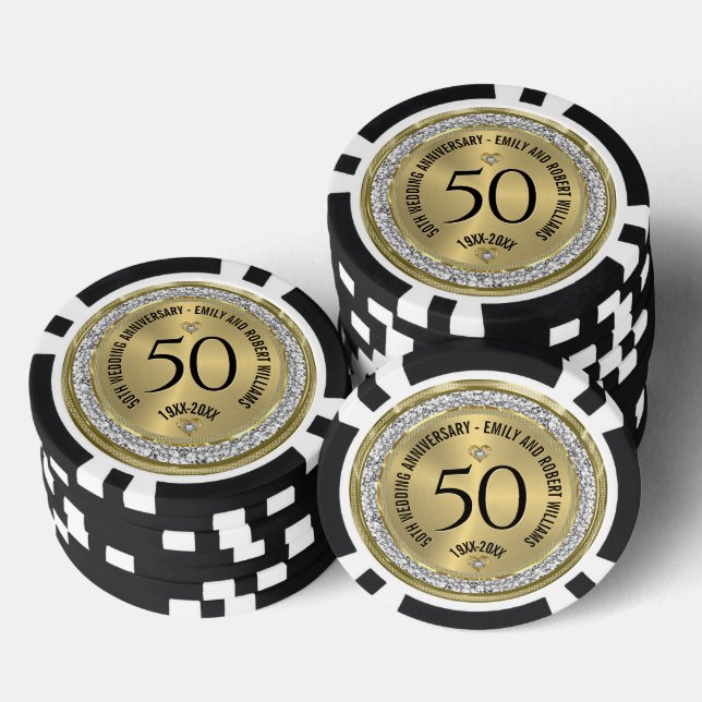 50th Wedding Anniversary Gold White Diamonds Poker Chips (Stack)