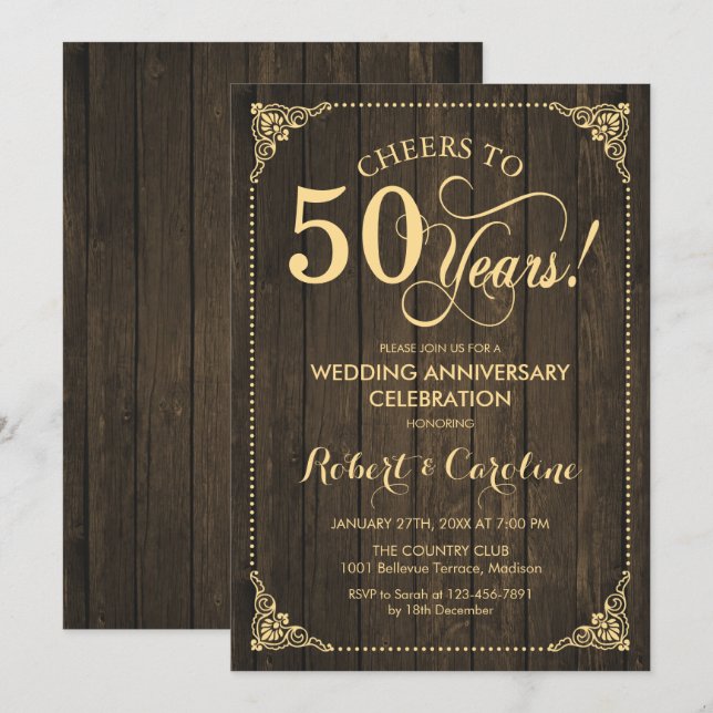 50th Wedding Anniversary - Gold Wood Invitation (Front/Back)