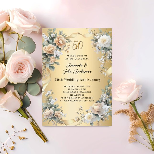 50th wedding anniversary gold yellow florals invitation (Creator Uploaded)