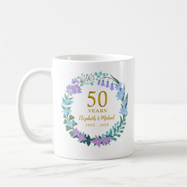 50th Wedding Anniversary Golden Bluebells Wreath Coffee Mug (Left)