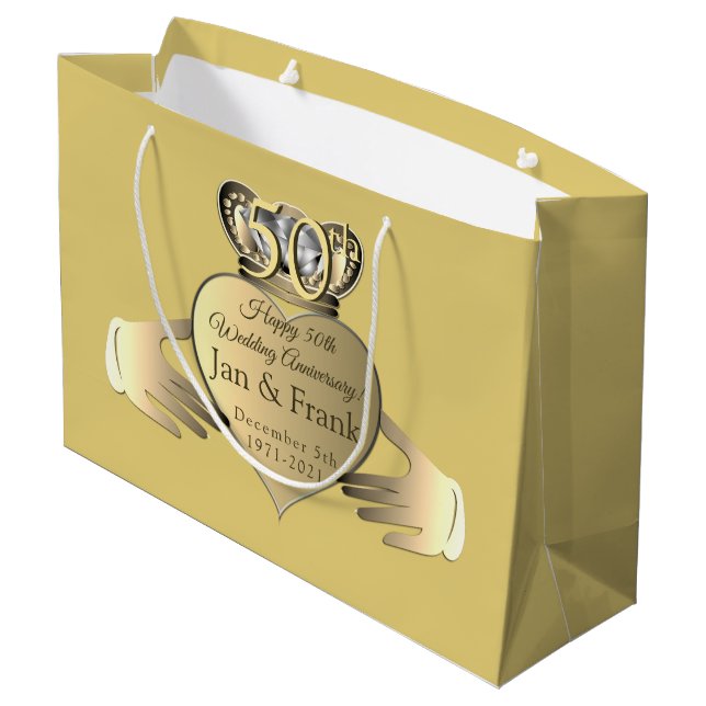 50th Wedding Anniversary Golden Claddaugh  Large Gift Bag (Back Angled)