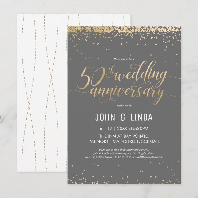 50th Wedding Anniversary - Golden, Elegant Invitation (Front/Back)