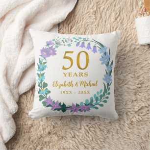 50th Wedding Anniversary Golden Floral Bluebells Cushion