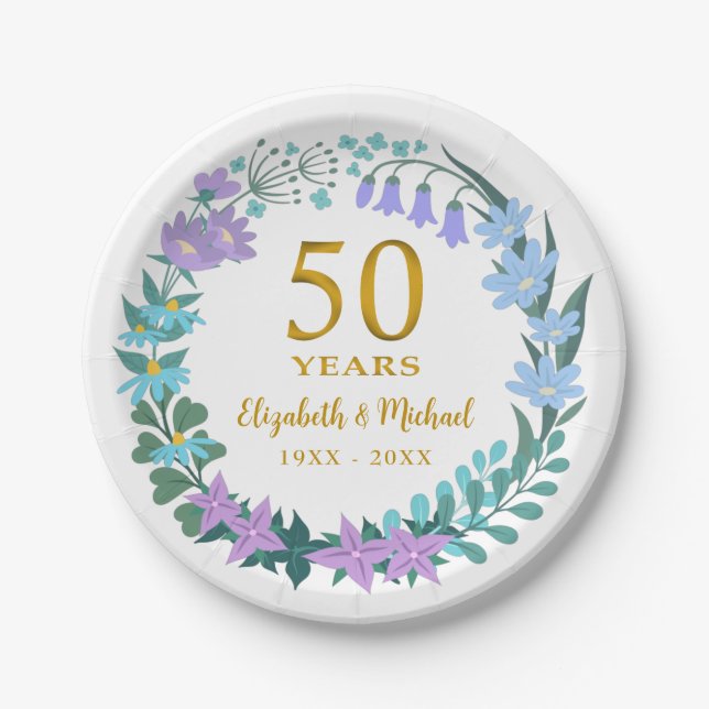 50th Wedding Anniversary Golden Floral Bluebells  Paper Plate (Front)