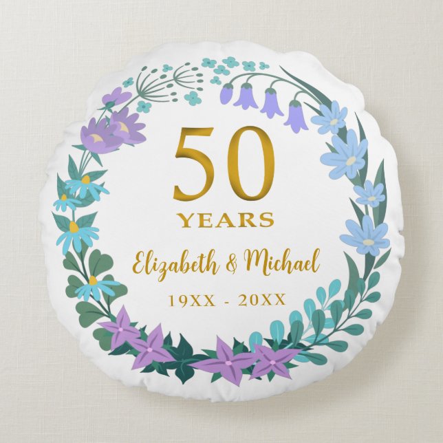 50th Wedding Anniversary Golden Floral Bluebells Round Cushion (Front)