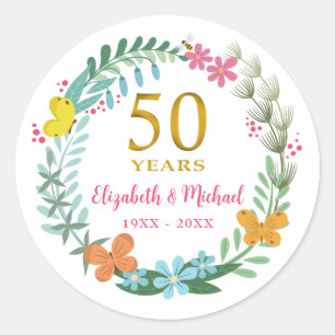 50th Wedding Anniversary Golden Floral Butterfly Classic Round Sticker
