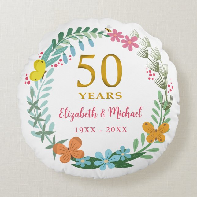 50th Wedding Anniversary Golden Floral Butterfly Round Cushion (Front)