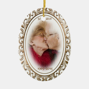 50th Wedding Anniversary Golden Frame Custom Photo Ceramic Tree Decoration