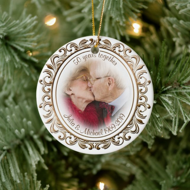 50th Wedding Anniversary Golden Frame Custom Photo Ceramic Tree Decoration (Tree)