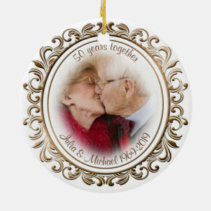 50th Wedding Anniversary Golden Frame Custom Photo Ceramic Tree Decoration