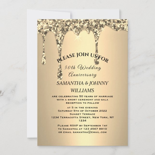 50th Wedding Anniversary Golden Glitter Drip Invitation (Front)