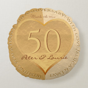 50th Wedding Anniversary Golden Heart Medallion Round Cushion