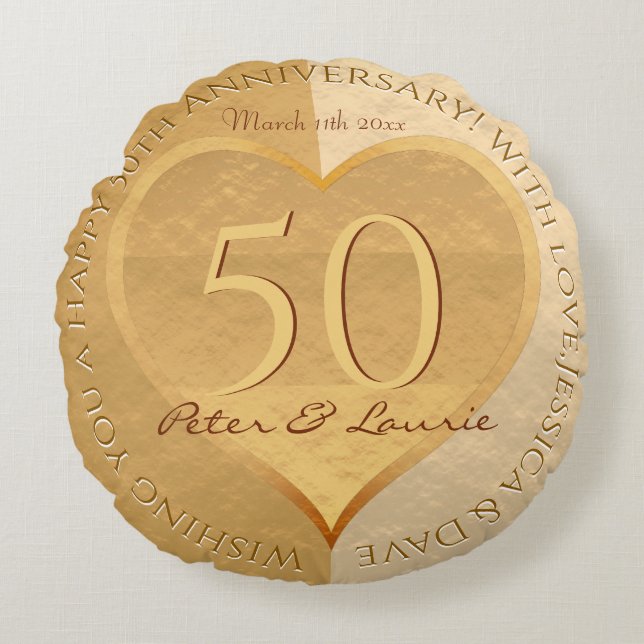 50th Wedding Anniversary Golden Heart Medallion Round Cushion (Front)