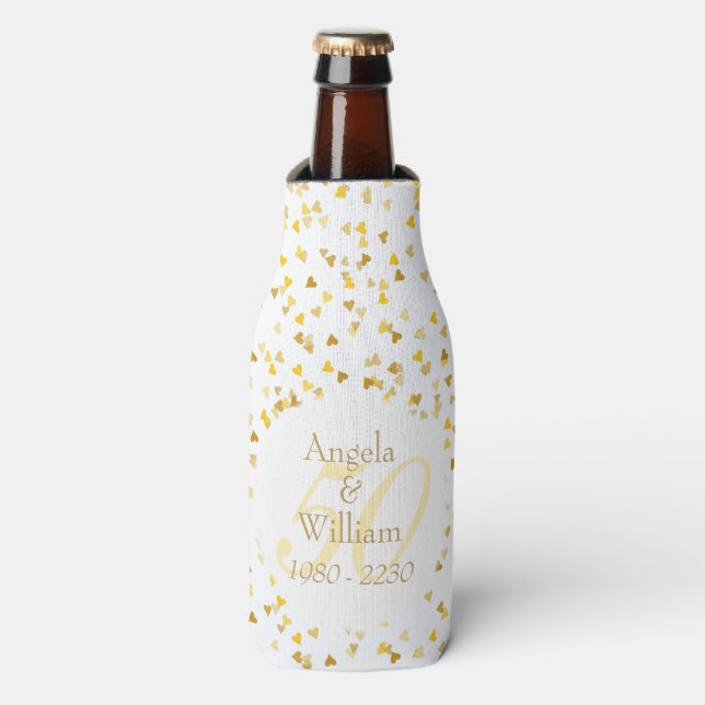 50th Wedding Anniversary Golden Hearts Confetti Bottle Cooler (Bottle Front)