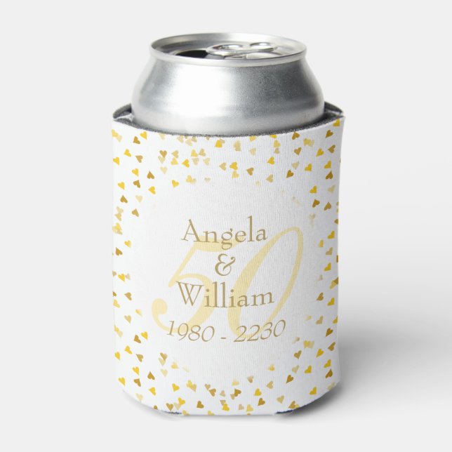 50th Wedding Anniversary Golden Hearts Confetti Can Cooler (Can Front)