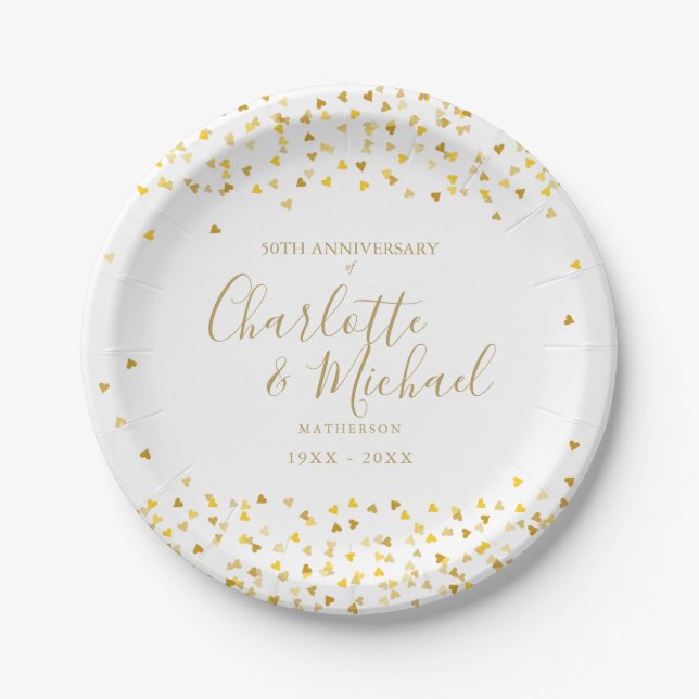 50th Wedding Anniversary Golden Hearts Signature Paper Plate (Front)