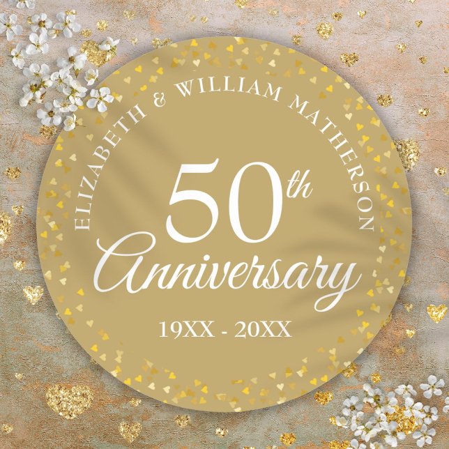50th Wedding Anniversary Golden Love Hearts Classic Round Sticker (50th Wedding Anniversary Golden Love Hearts Classic Round Sticker)