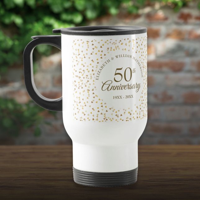 50th Wedding Anniversary Golden Love Hearts Travel Mug (50th Wedding Anniversary Golden Love Hearts Travel Mug)