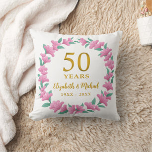 50th Wedding Anniversary Golden Pink Floral Wreath Cushion